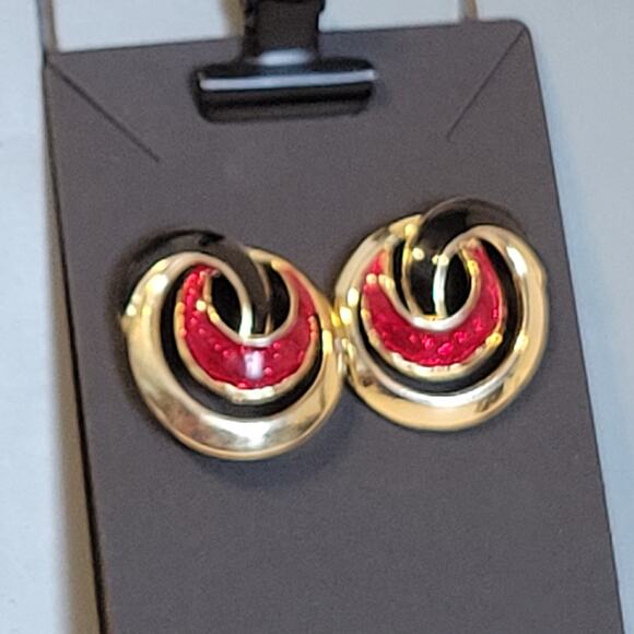 Vintage Gold Tone Enamel Swirl Pierced Earrings Black Red Round 1” - Picture 3 of 8